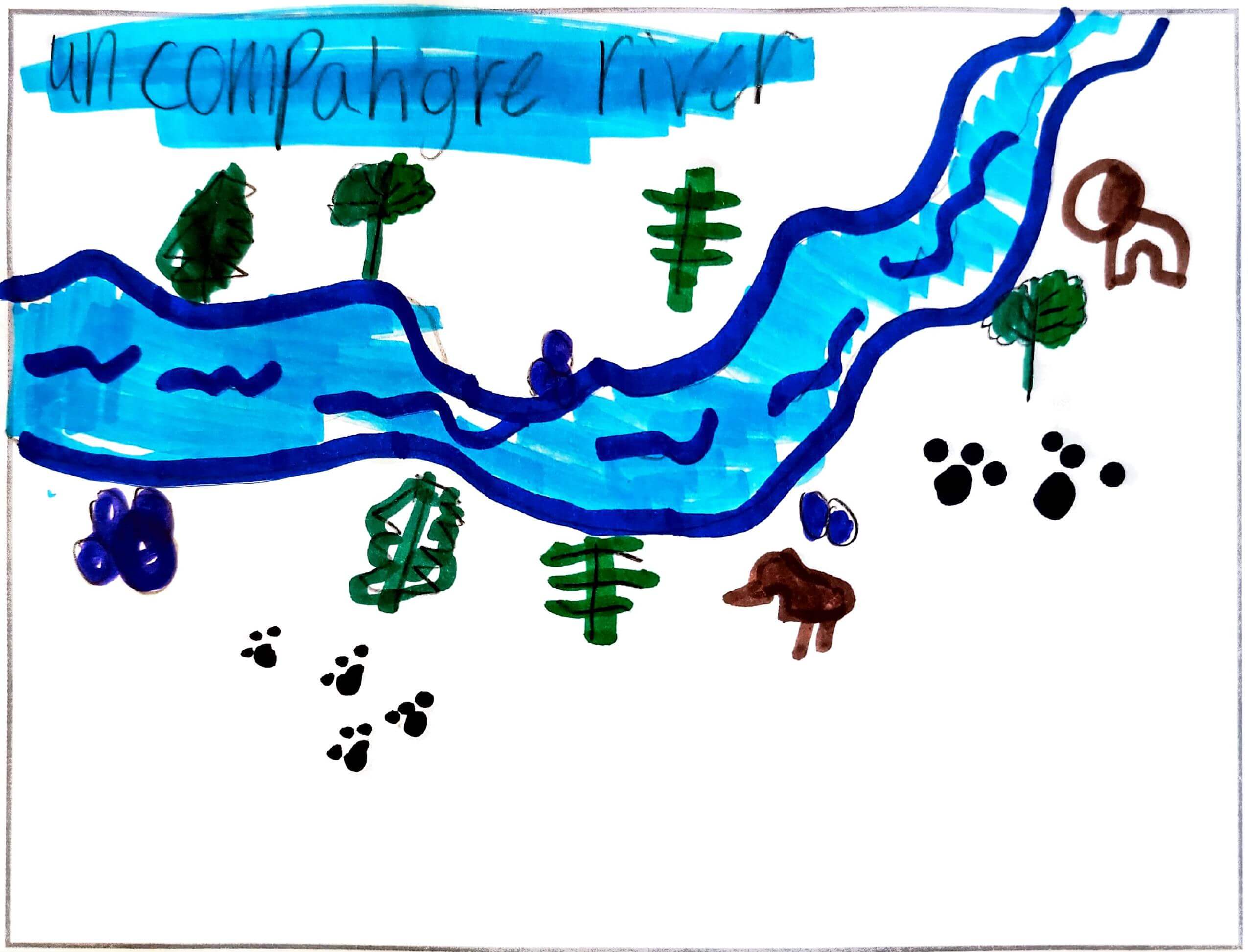 Drawing of a river with trees and animals