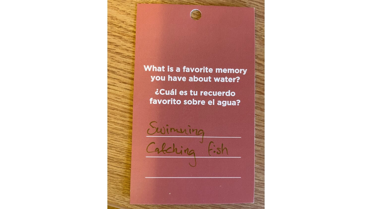 What is a favorite memory you have about water? Swimming. Catching fish.