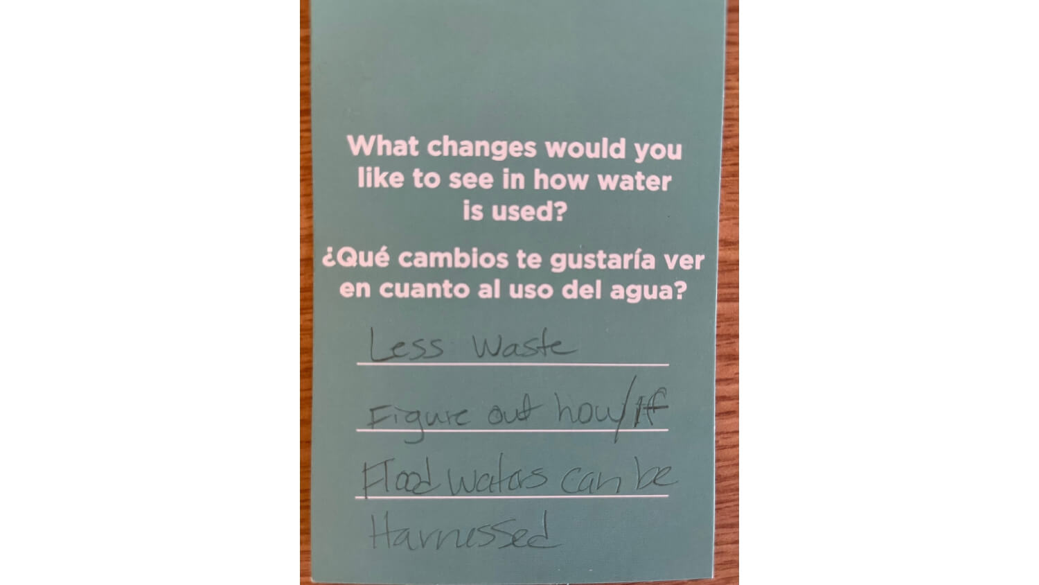 What changes would you like to see in how water is used? Less waste. Figure how/if flood waters can be harnessed.