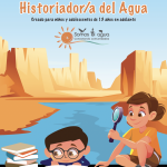 Cover of the Be a Water Historian activity booklet. Text is at the top of the page. An illustration of a boy with glasses reading and a girl with a magnifying glass is at the bottom of the page. The boy and girl are sitting in front of a canyon filled with water.