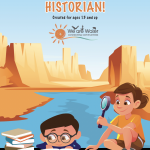 Cover of the Be a Water Historian activity booklet. Text is at the top of the page. An illustration of a boy with glasses reading and a girl with a magnifying glass is at the bottom of the page. The boy and girl are sitting in front of a canyon filled with water.