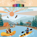 We are Water Coloring Book 1 cover. We are Water text is at the top of the page. Image of kayakers floating down a river and people fishing at the bottom of the page.