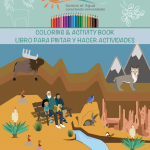 We are Water Coloring Book 2 Cover. We are Water text is at the top of the page. An illustration with a moose, mountain lion, prarie dogs and other animals in a desert landscape. There is also a grandfather sitting with two children.